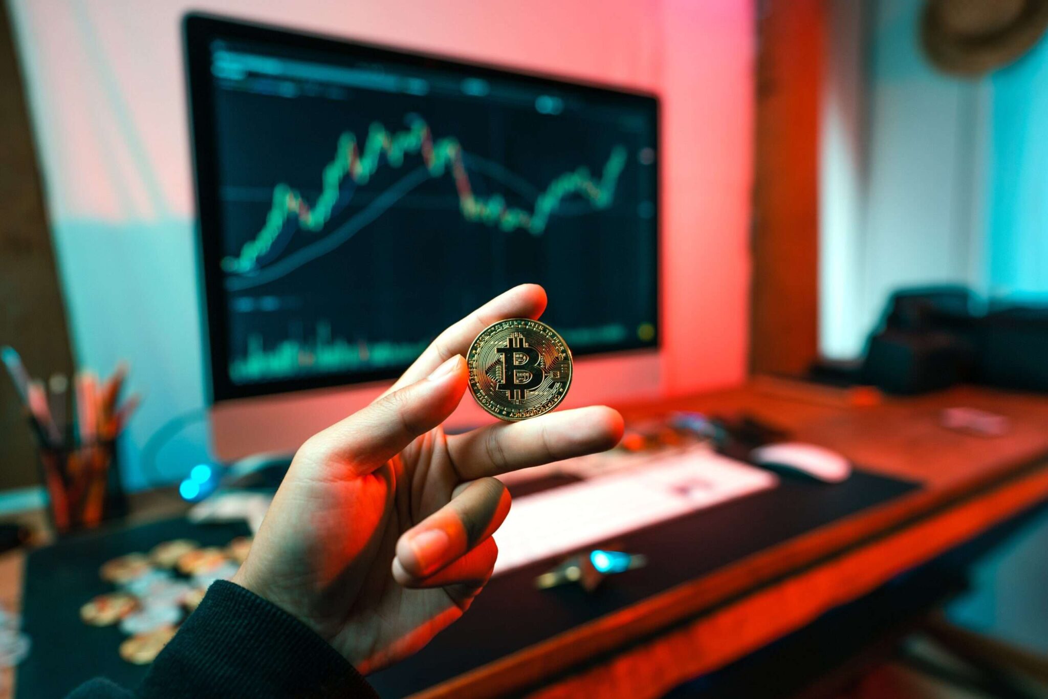Crypto trading, coin with Blockchain logo